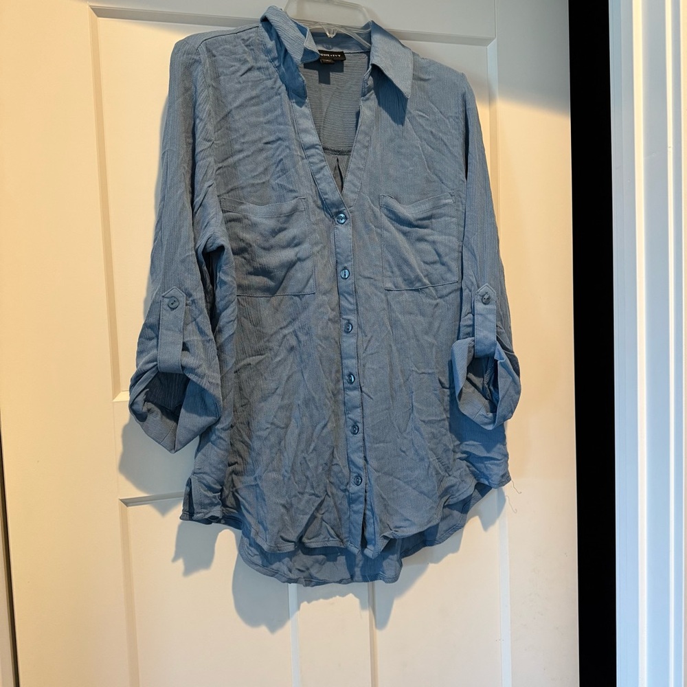 Blue Relaxed Button Down Shirt with Notched Collar